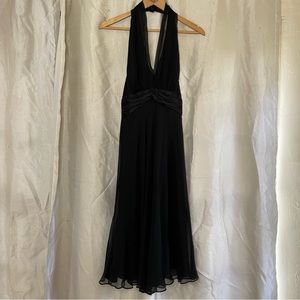 London Times Black Sheer Glam Silk Evening Flowy Flirty Halter Top Midi Dress